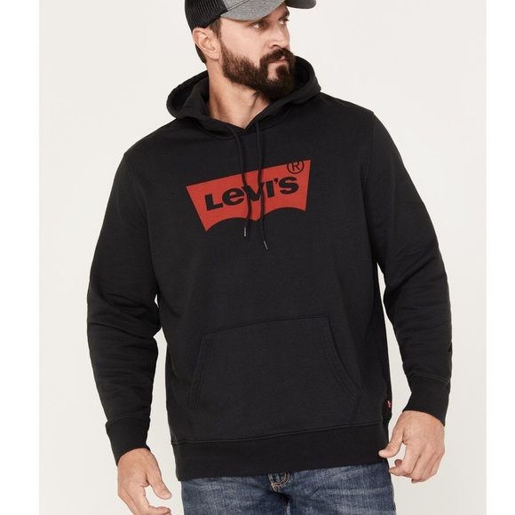 NWT Levi’s Men's Logo Hoodie Sweatshirt Black & Red Large Pulllover Hood - Picture 1 of 11